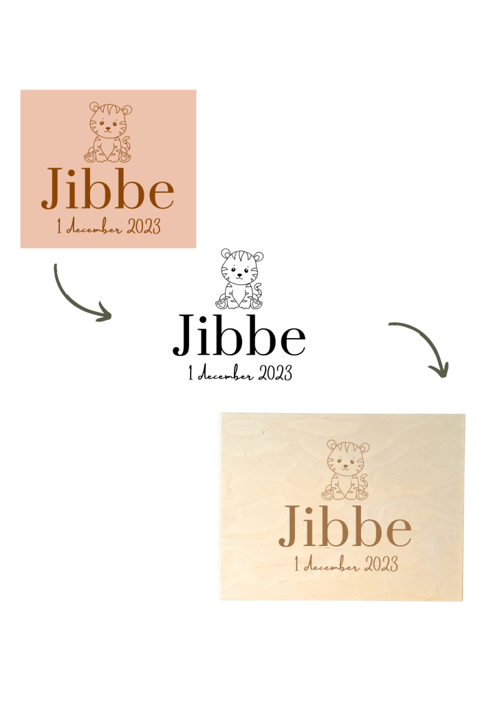 Voorbeeld van een houten gepersonaliseerde gegraveerde memorybox met ontwerp op basis van geboortekaart